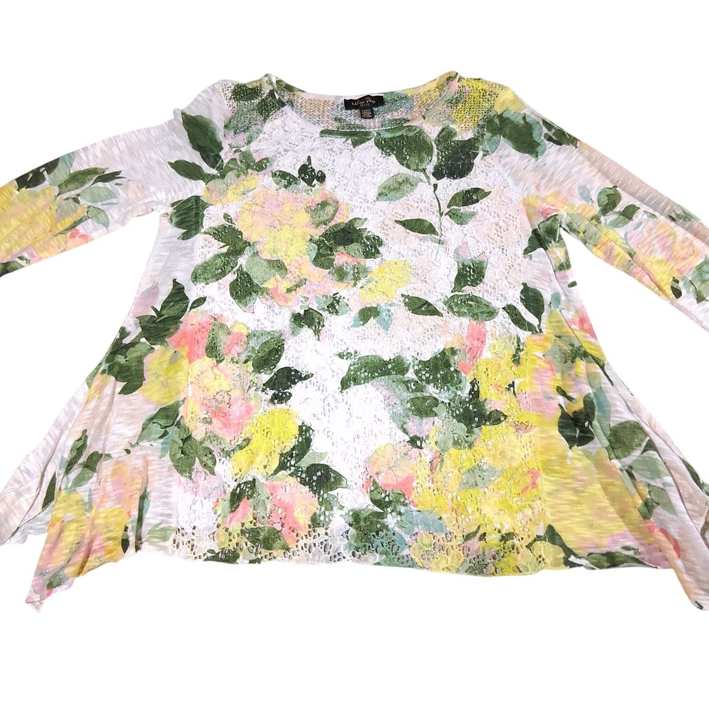 Melissa Paige Petite Floral Lace Yoke Ruffle Top Green Yellow Rose Cottagecore